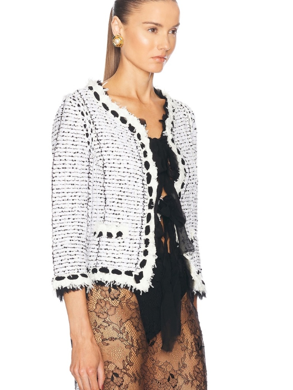 Chanel Black White Cardigan Jacket 2 Chiffon Bows 2005 Collection L 12 14 48